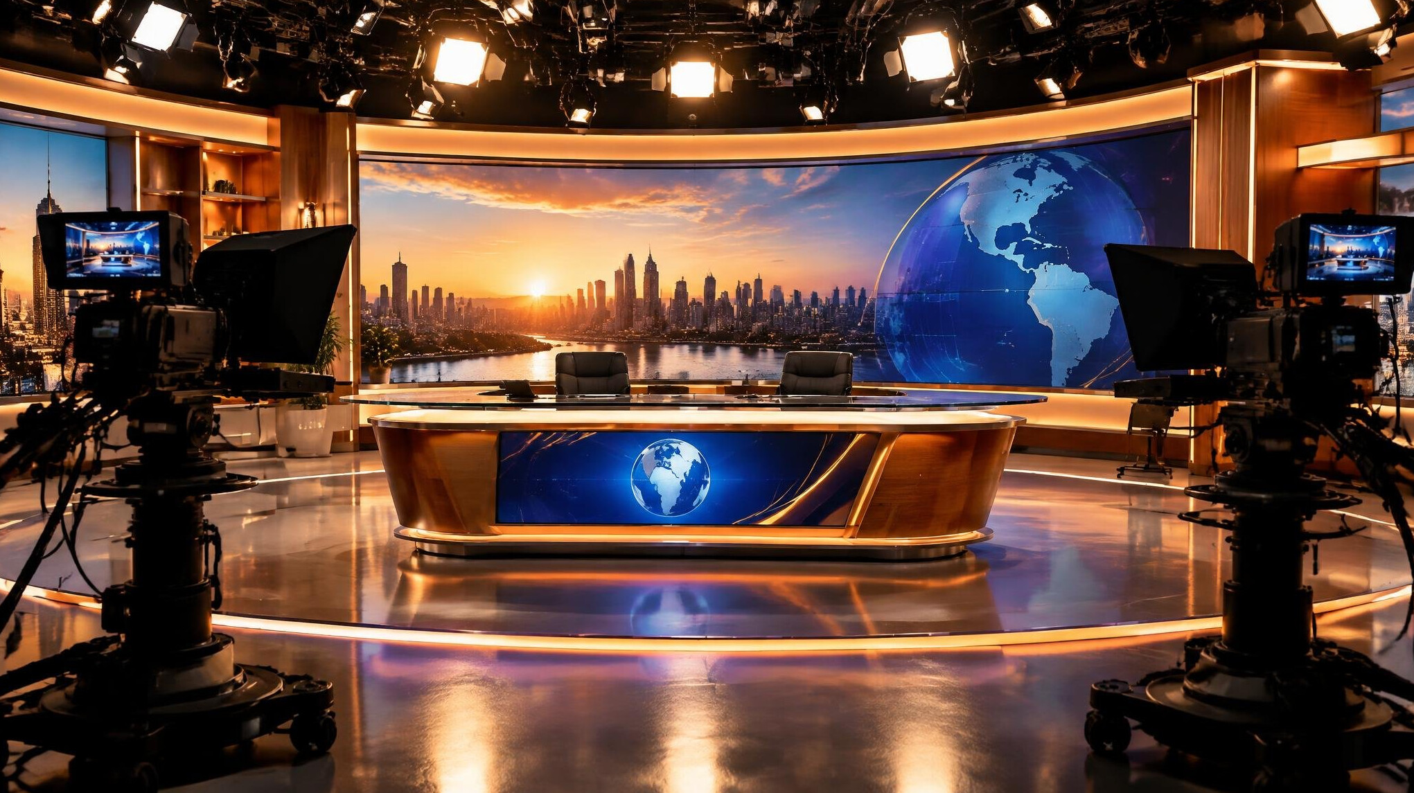 Fully lit television studio set ready for a live broadcast