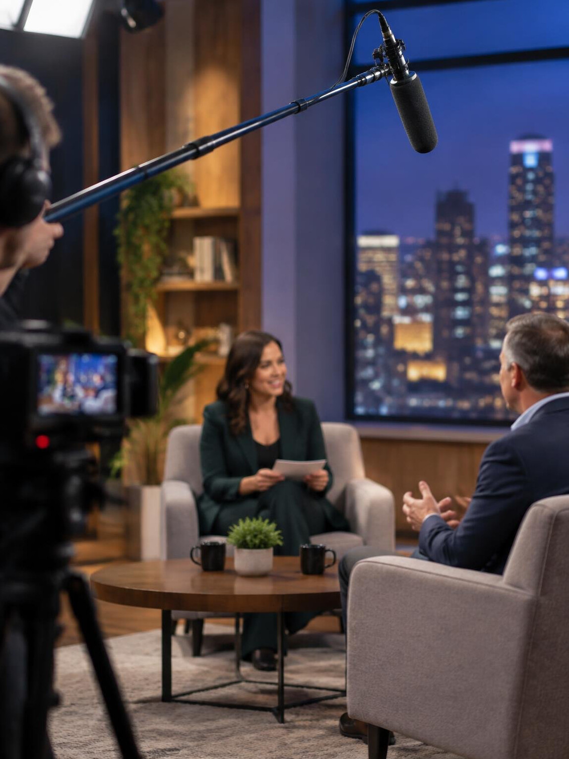 Boom microphone positioned above a television studio set