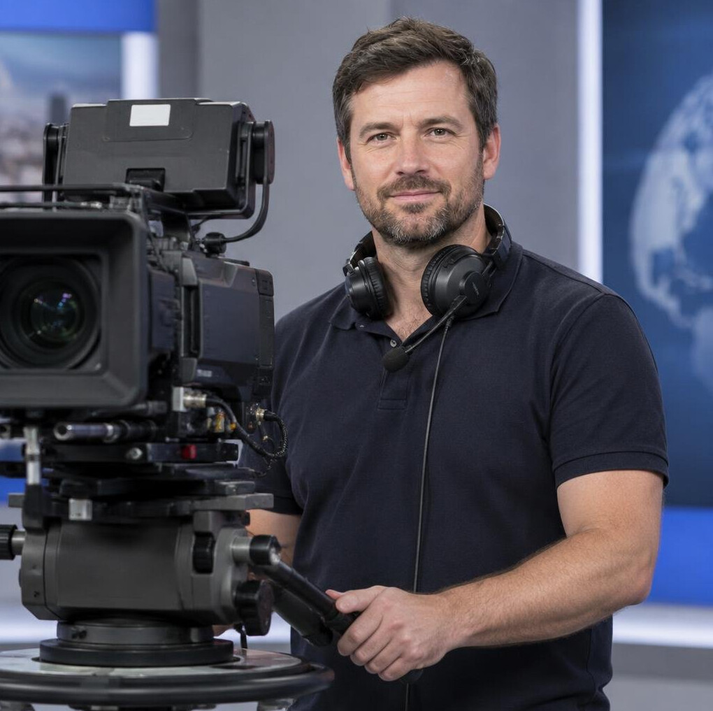 Studio camera operator filming a live news broadcast