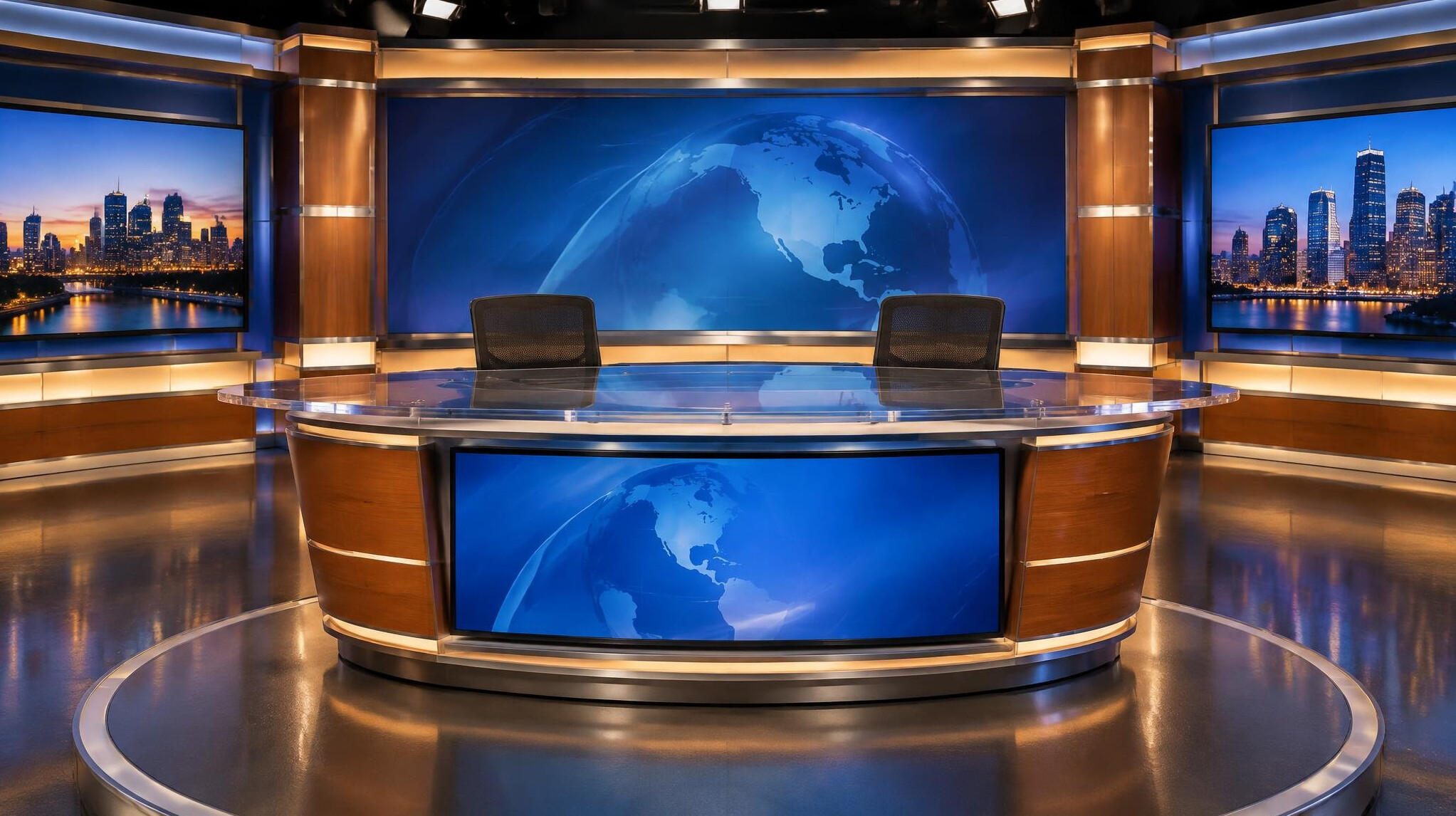 Empty television news anchor desk ready for a live broadcast
