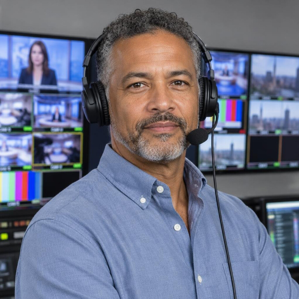 Studio director overseeing a live broadcast from the gallery
