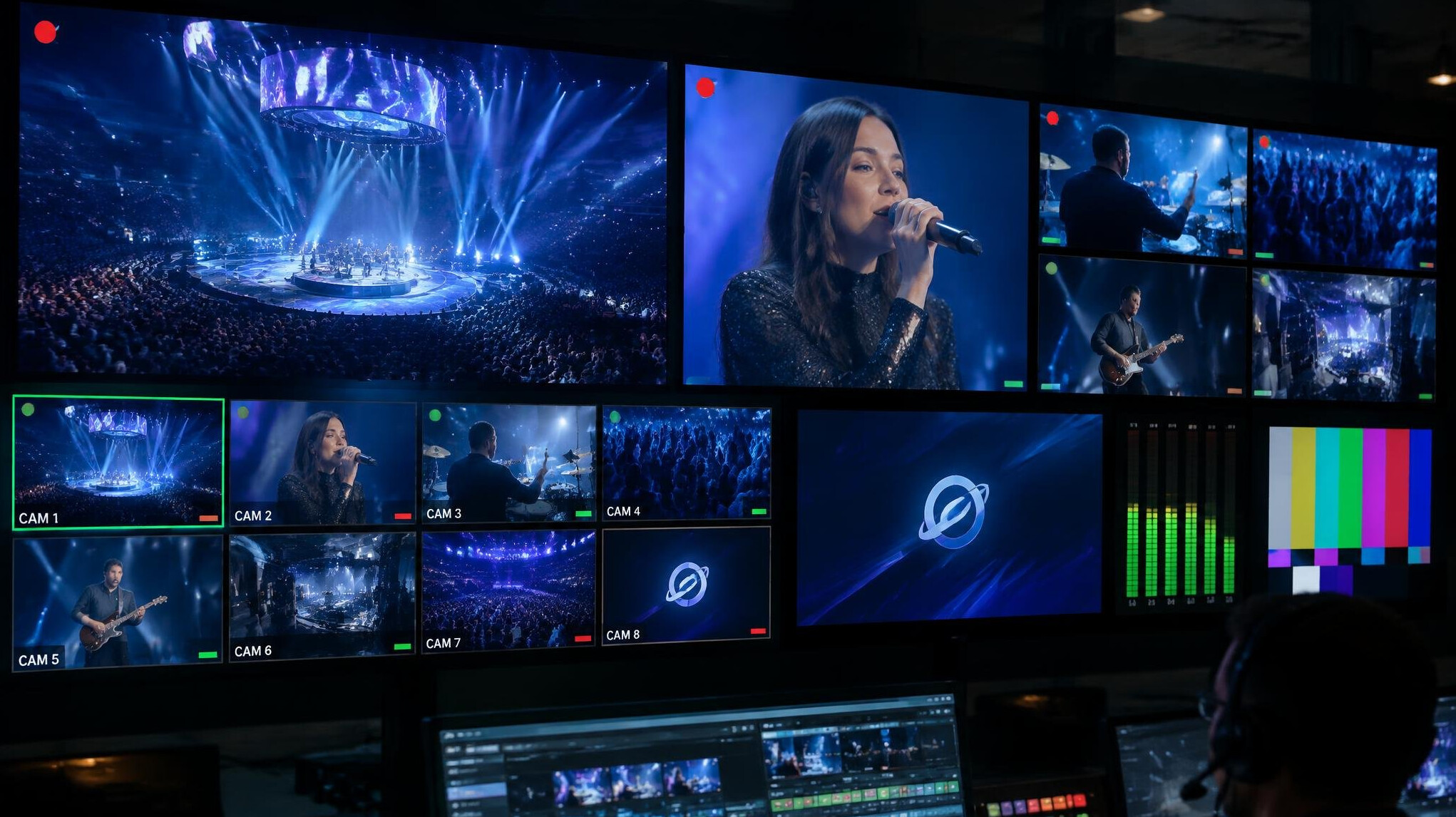 Wall of multiview monitors displaying live camera feeds