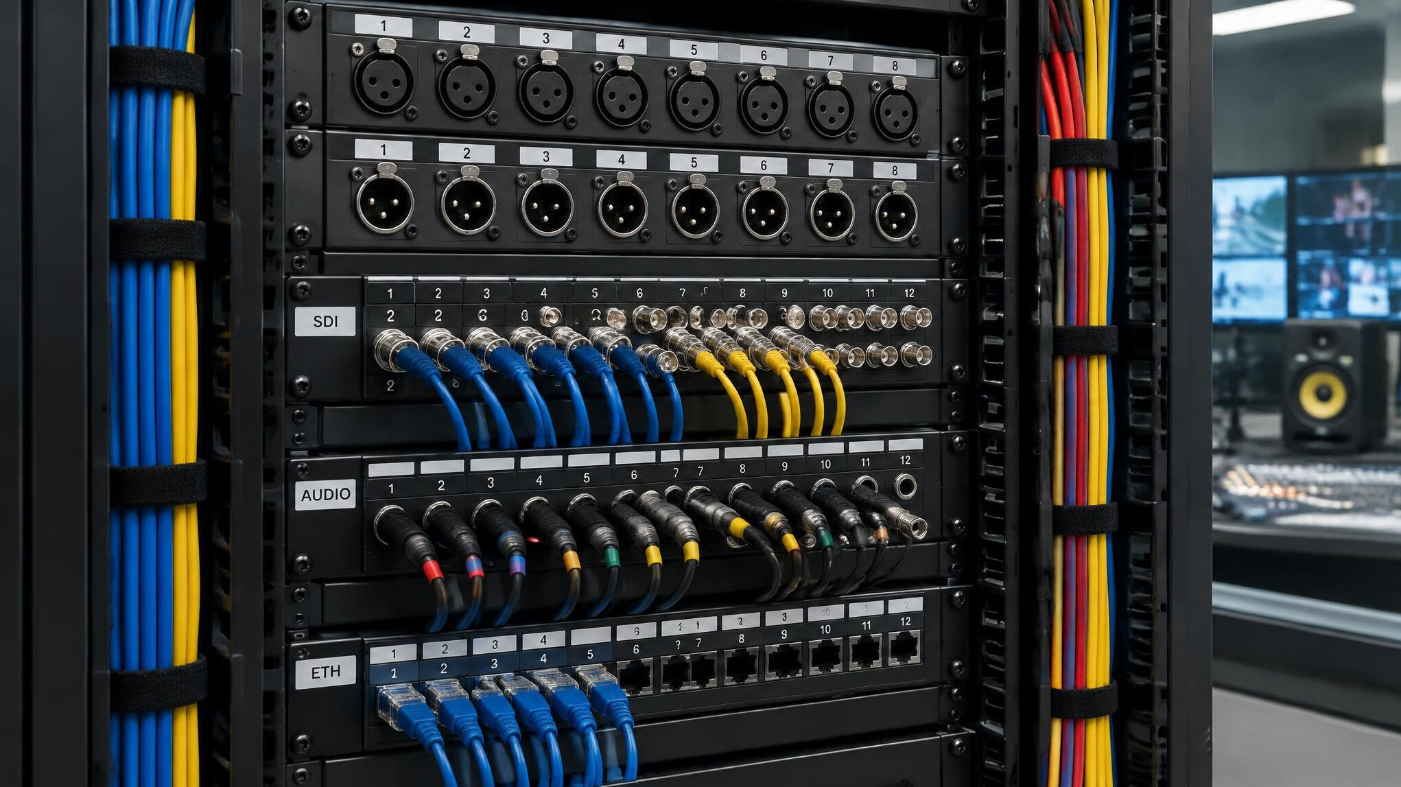 Organised cable management and patch bay in a broadcast studio