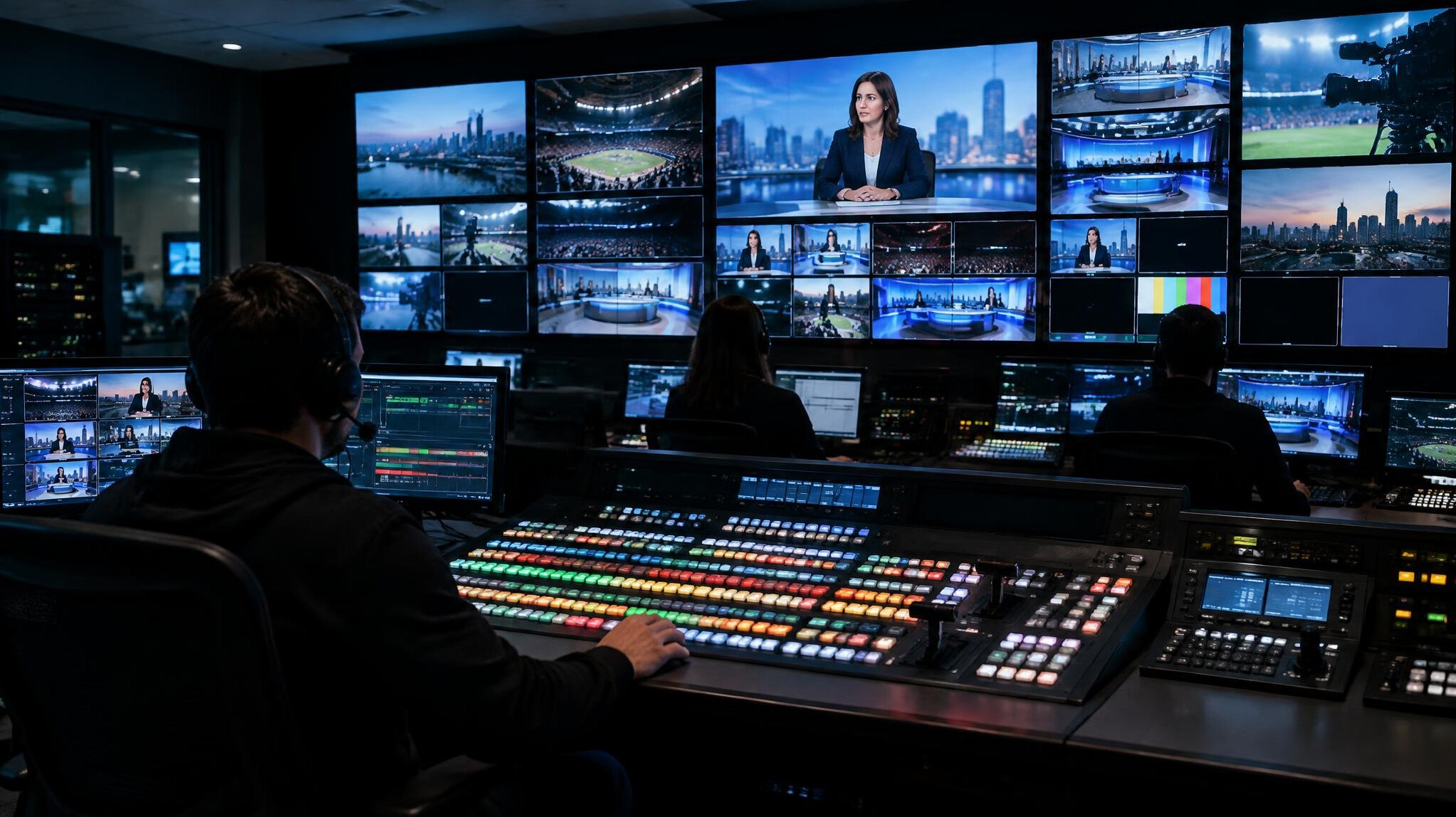 Broadcast gallery control room with multiview monitor wall