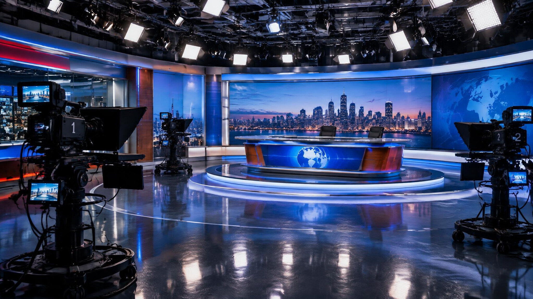 Wide view of a television studio floor with cameras and lighting rigs