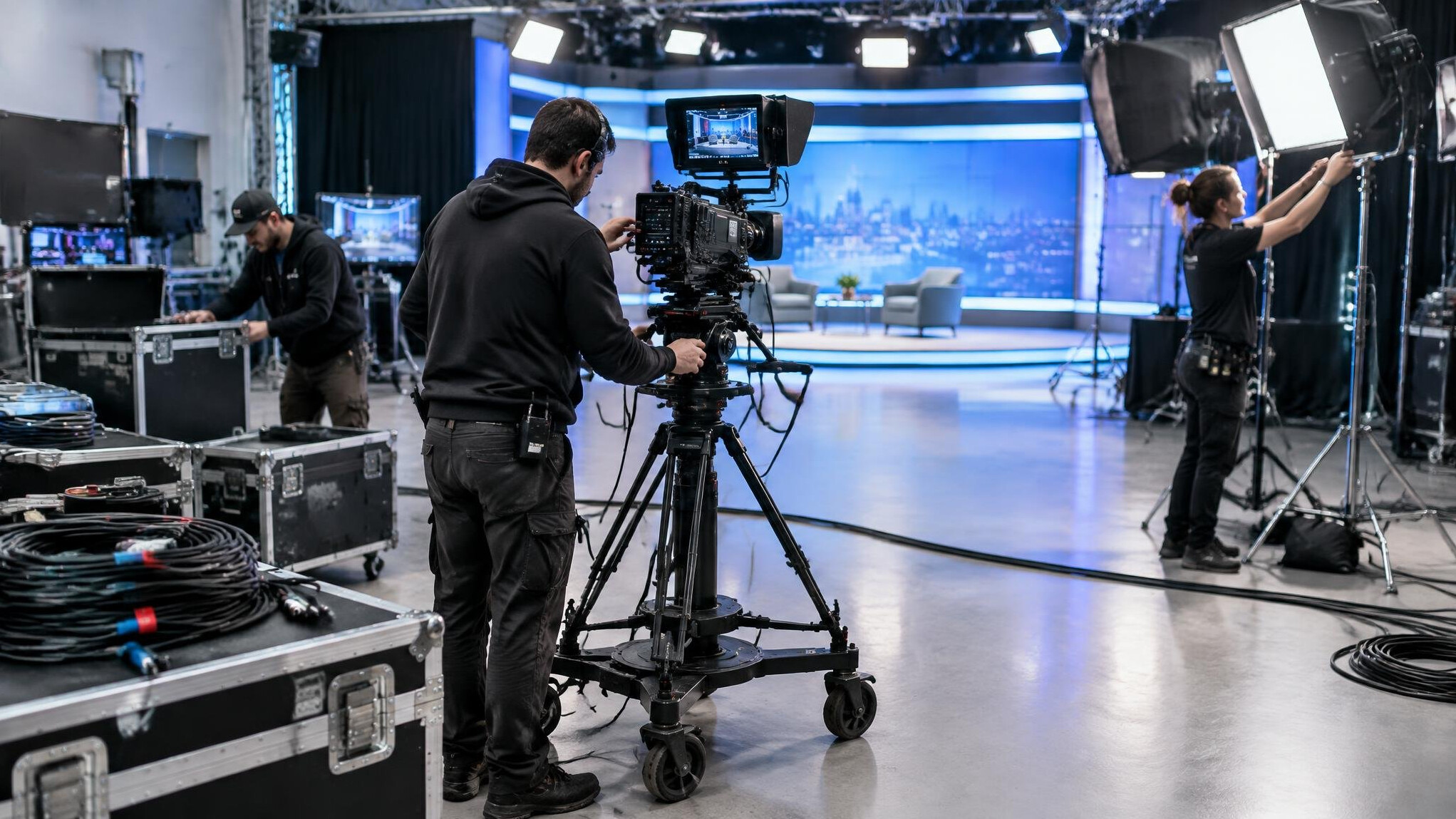 Crew preparing camera and lighting equipment before a live show