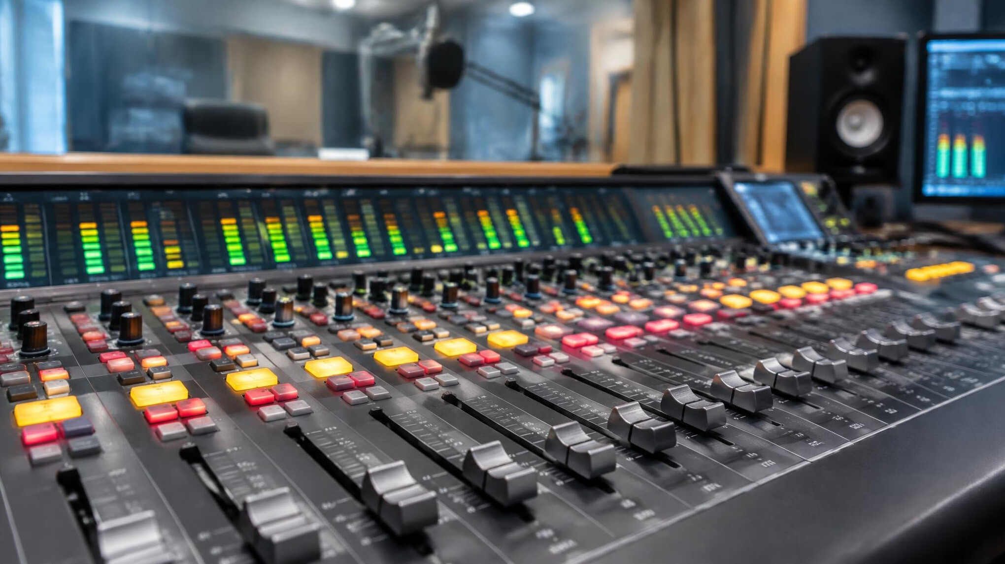 Audio mixing desk with faders in a broadcast sound booth